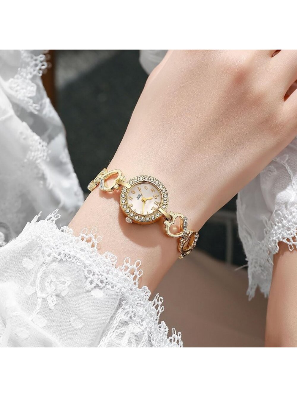 Women's Gold Stylish Hollow Stainless Steel Strap Luxury Diamond Bracelet Watch - Picture 2 of 5